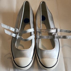 Converse Womens Silver Double-Strap Mary Jane Flats